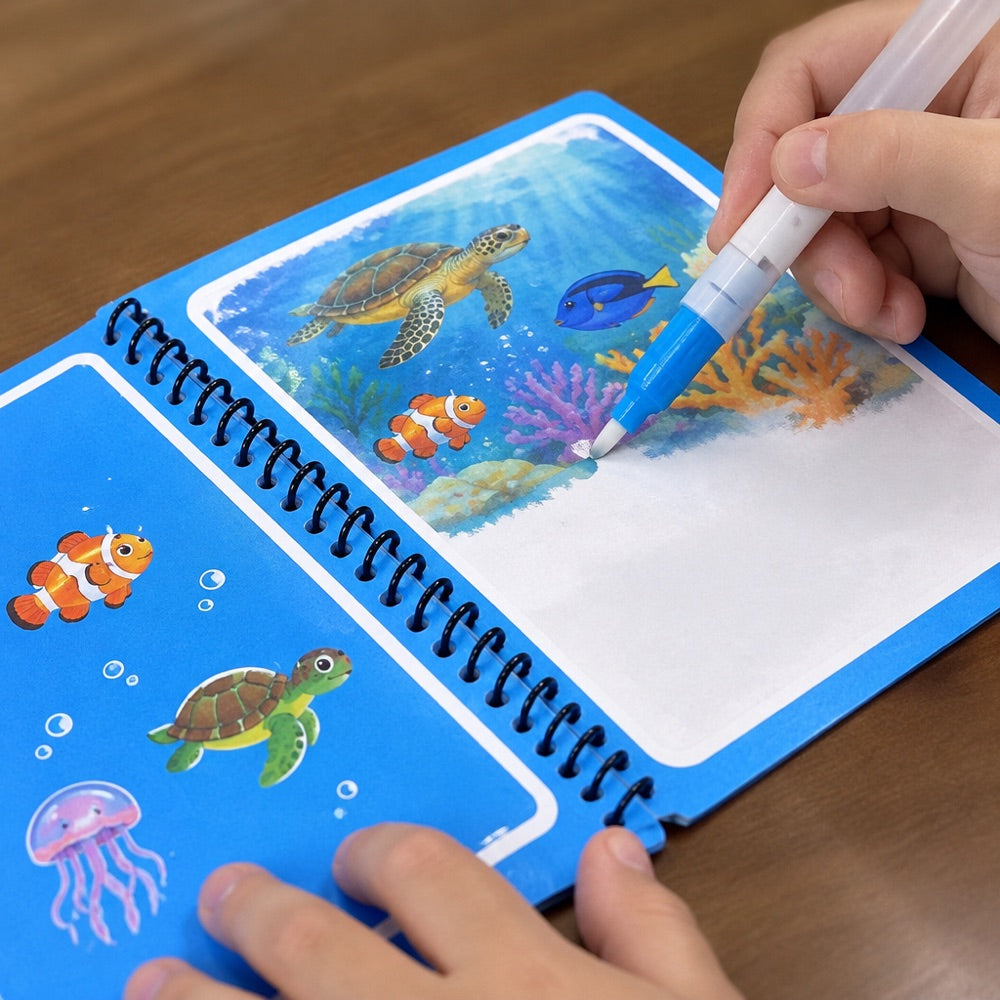 The water pen brushing the page and the sea picture appearing in colour