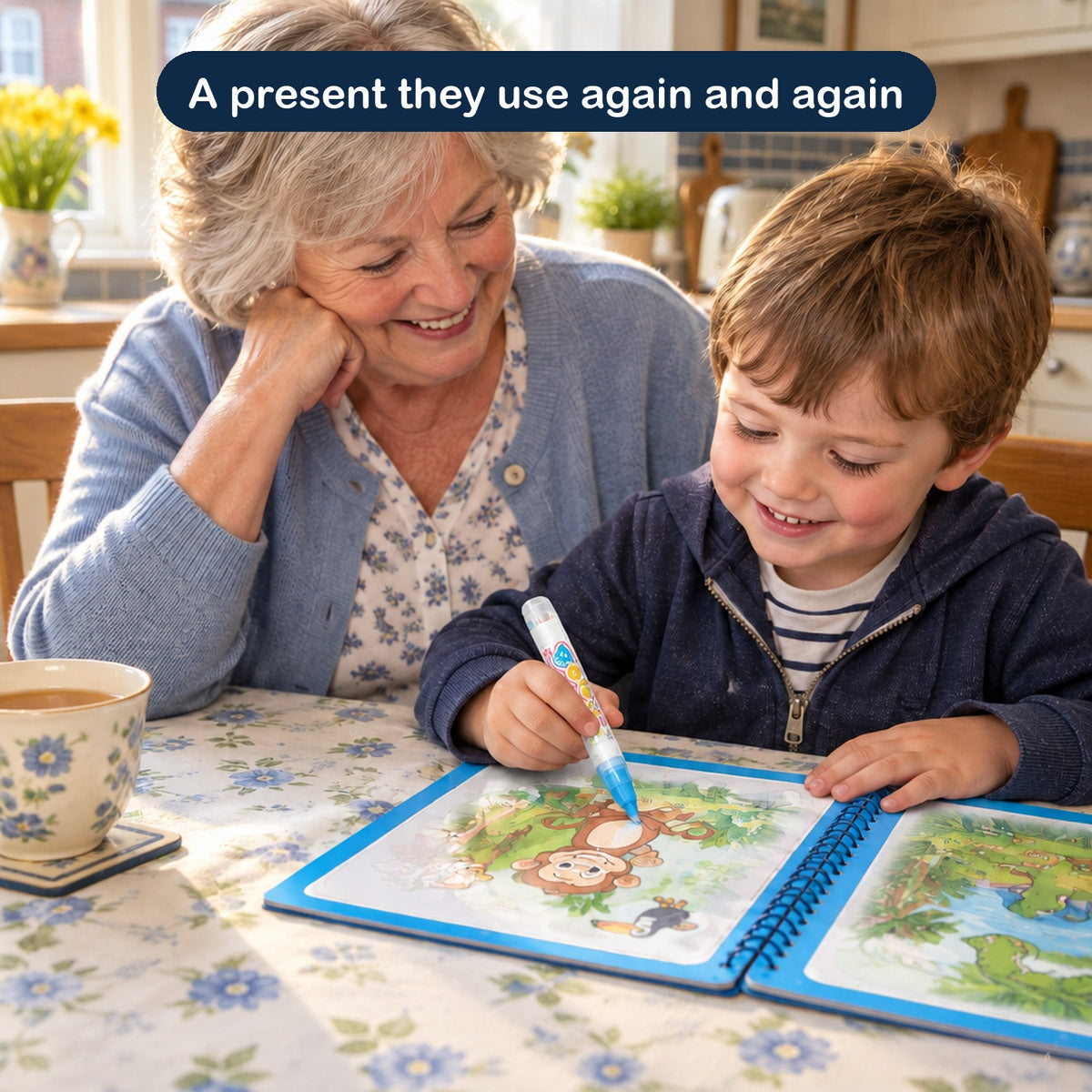 A grandmother and grandson colouring together