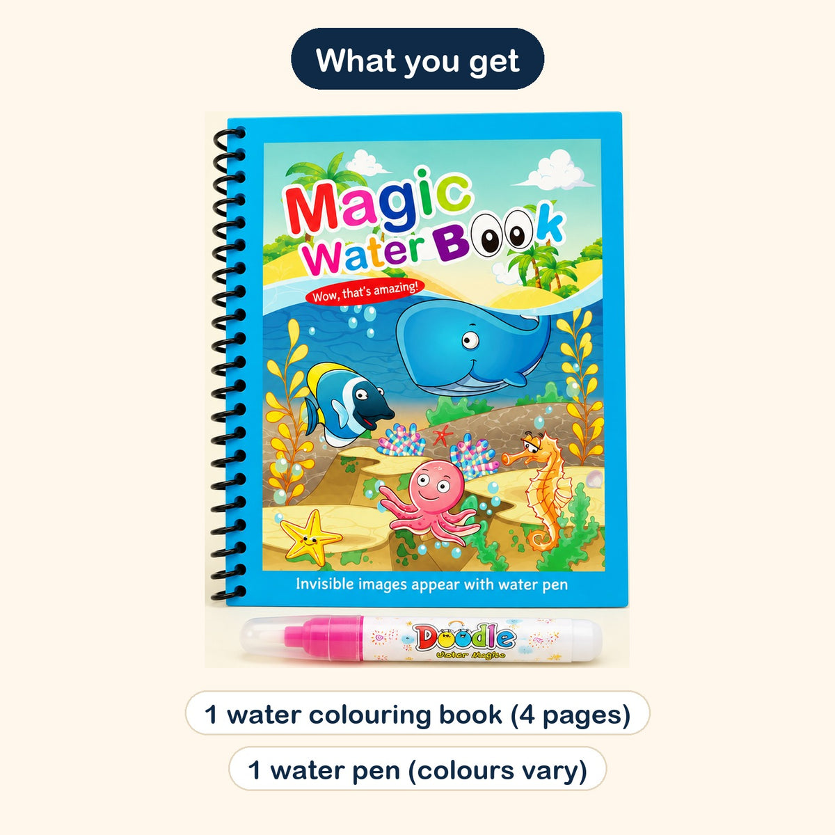 What you get: 1 water colouring book with 4 pages and 1 water pen