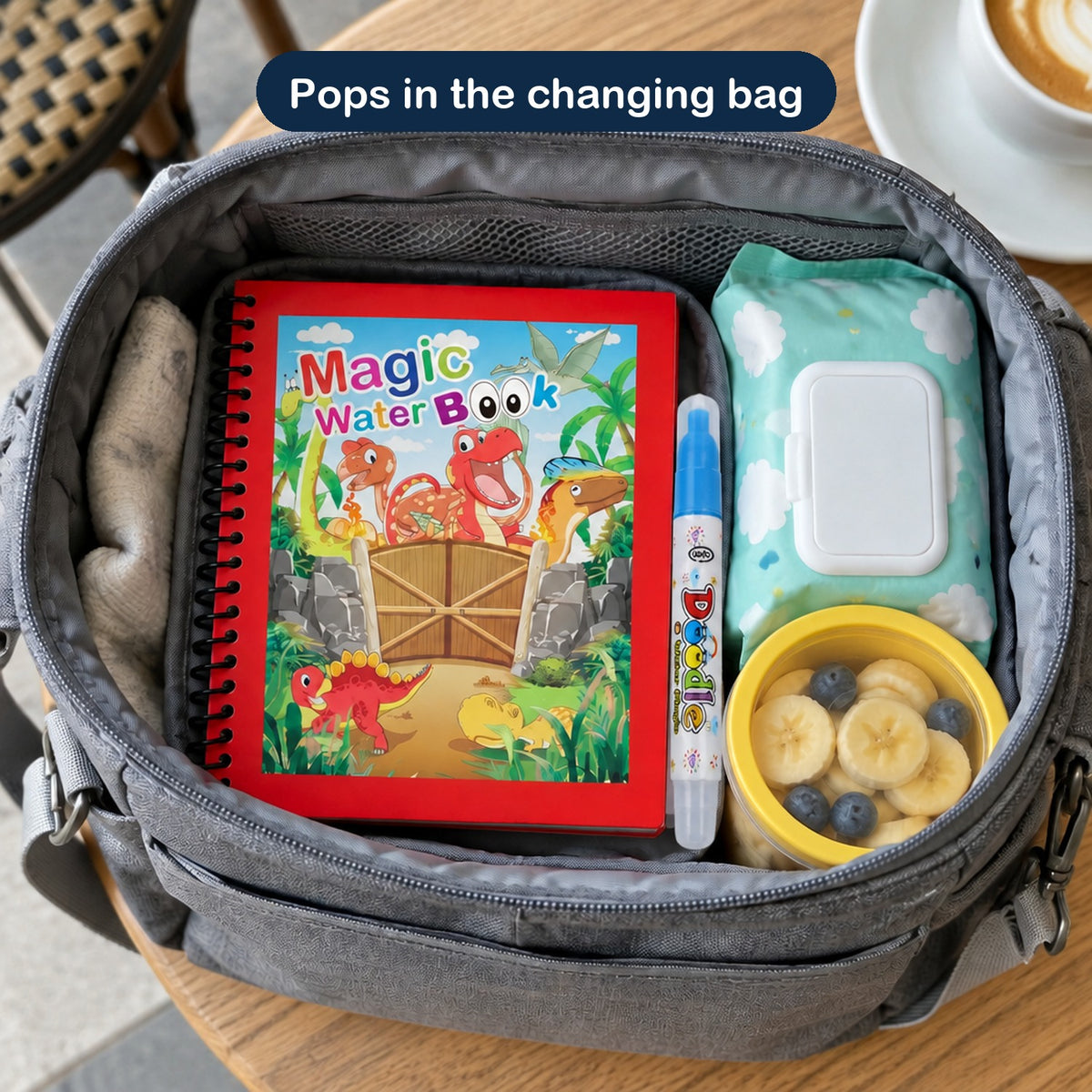 A water book and pen in a changing bag