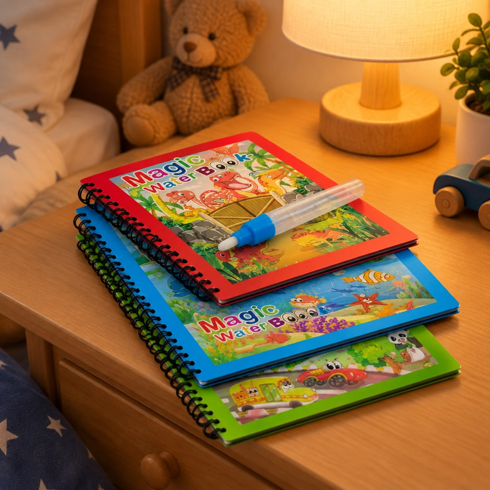 A set of water books on a bedside table
