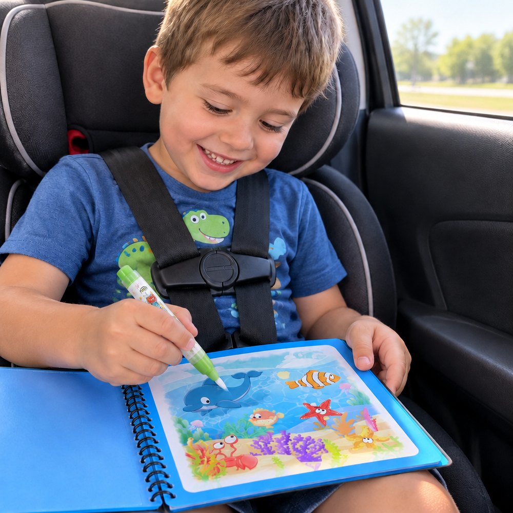 A boy colouring in the back of the car