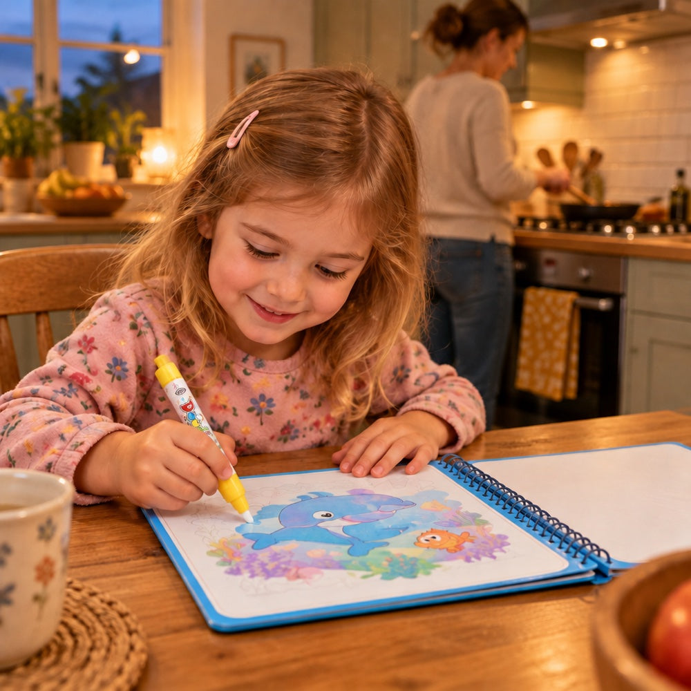 A girl colouring at the kitchen table while tea cooks