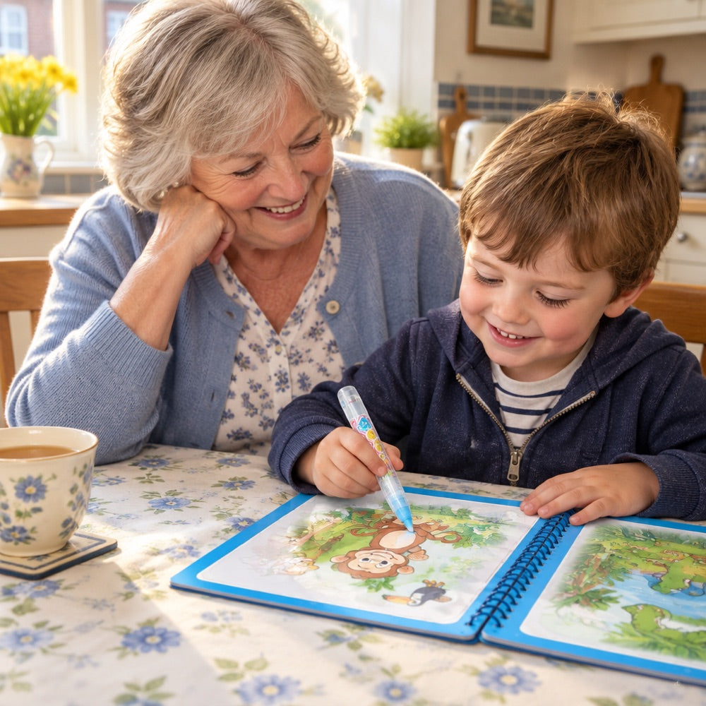 A grandmother and grandson colouring at her kitchen table
