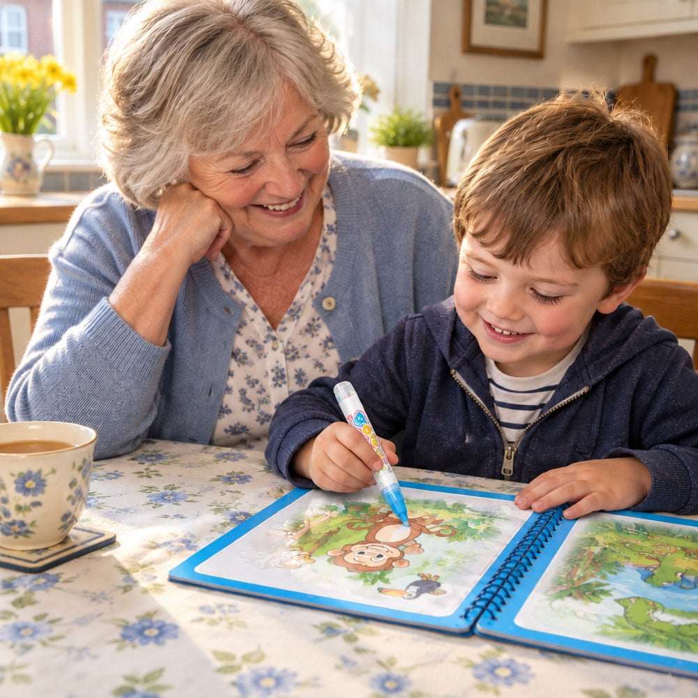 A grandmother and grandson colouring at her kitchen table