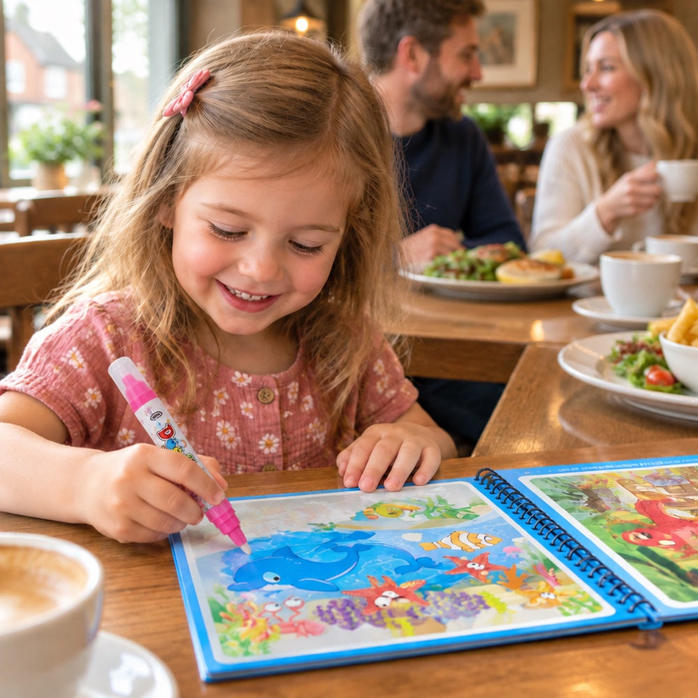 A girl colouring a water book at a restaurant table