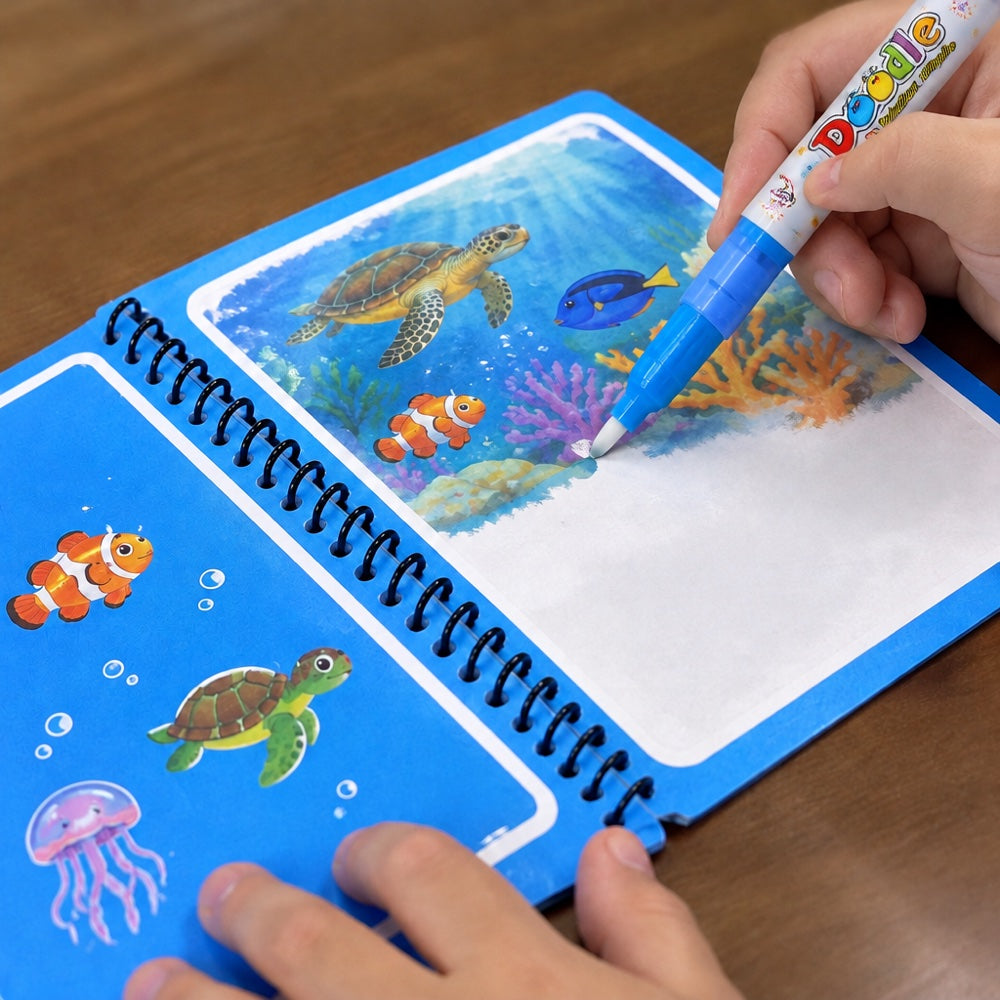 The water pen brushing the page and the sea picture appearing in colour